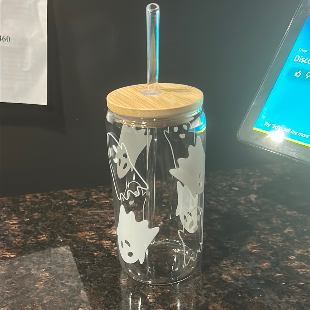 Ghost Design Glass Tumbler with Bamboo Lid